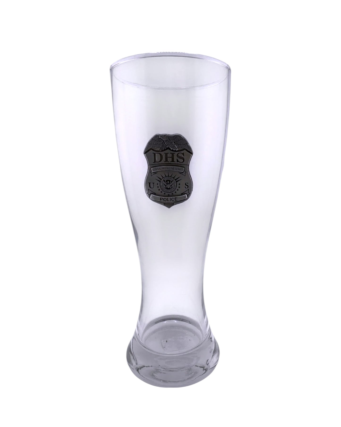 DHS FPS POLICE GLASS PILSNER WITH PEWTER BADGE