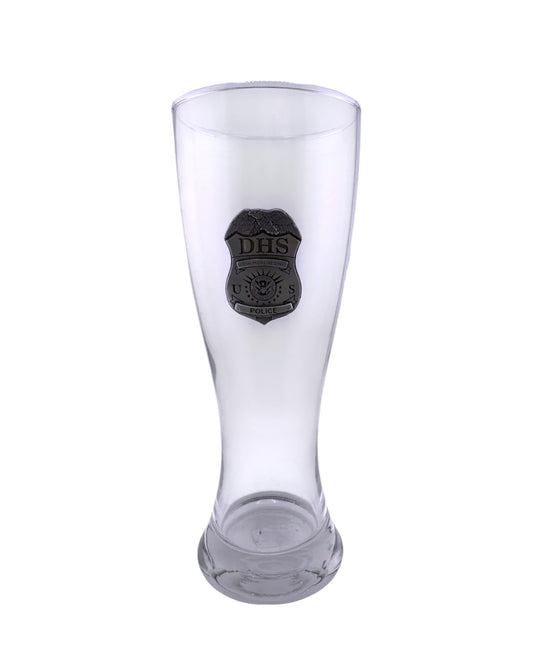 DHS FPS POLICE GLASS PILSNER WITH PEWTER BADGE