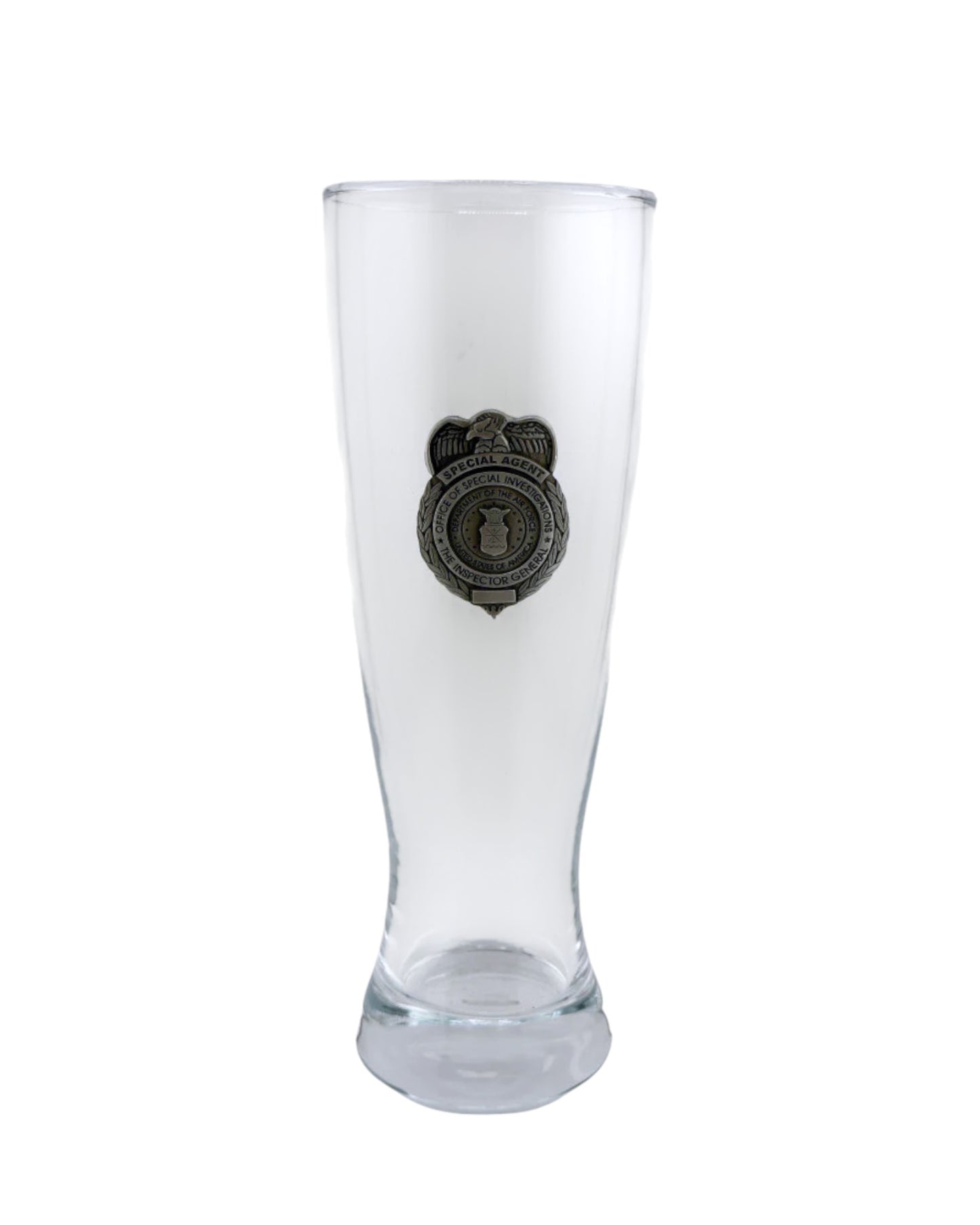 AFOSI GLASS PILSNER WITH PEWTER BADGE