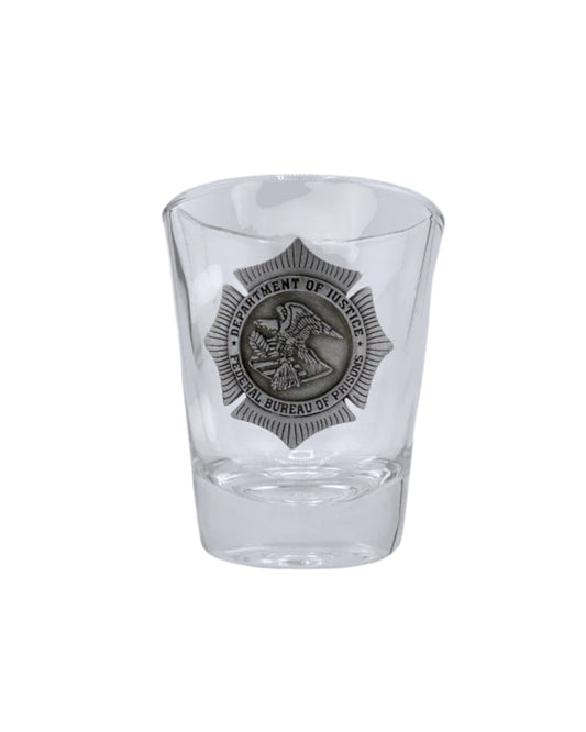 CLEARANCE BOP ROUND SHOT GLASS W/PEWTER BADGE