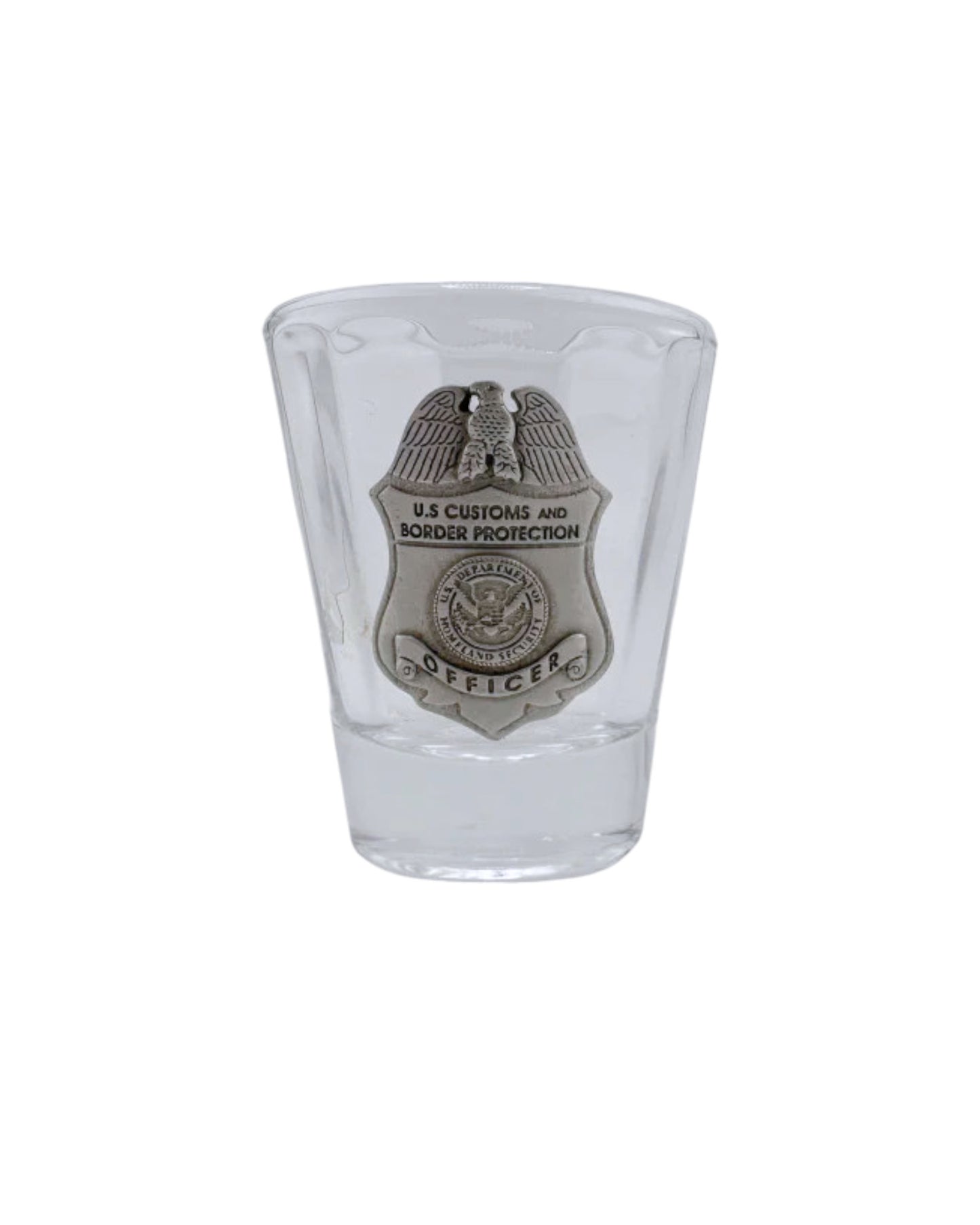 CBP OFFICER ROUND SHOT GLASS WITH PEWTER BADGE