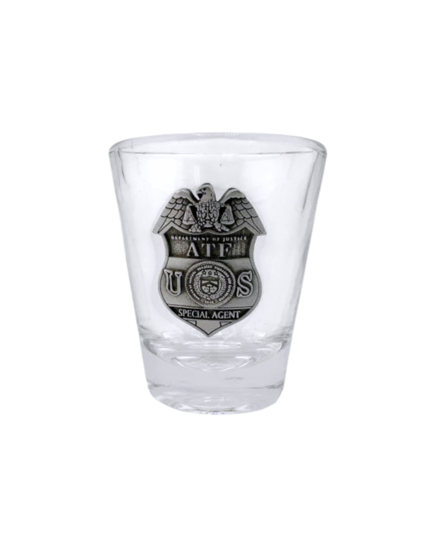 ATF ROUND SHOT GLASS W/PEWTER BADGE