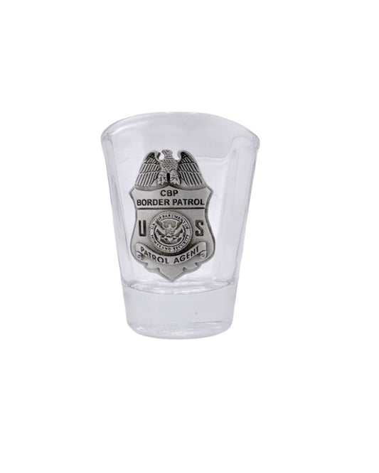 CBP PATROL AGENT ROUND SHOT GLASS WITH PEWTER BADGE