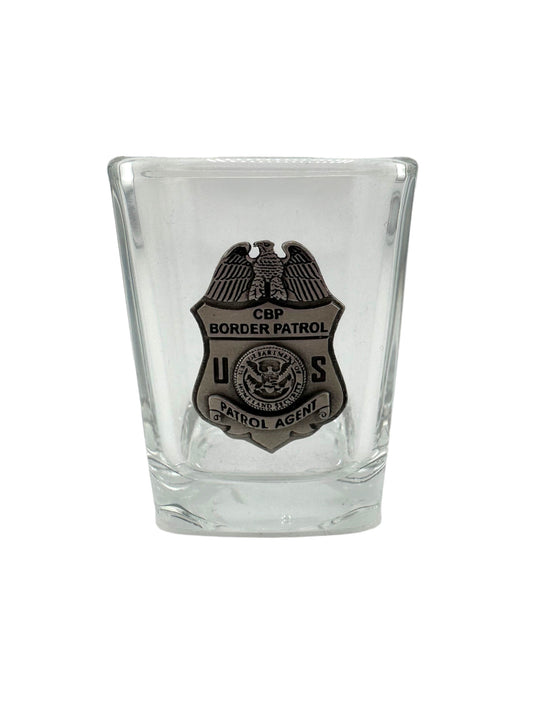 BORDER PATROL SQUARE SHOT GLASS WITH PEWTER BADGE