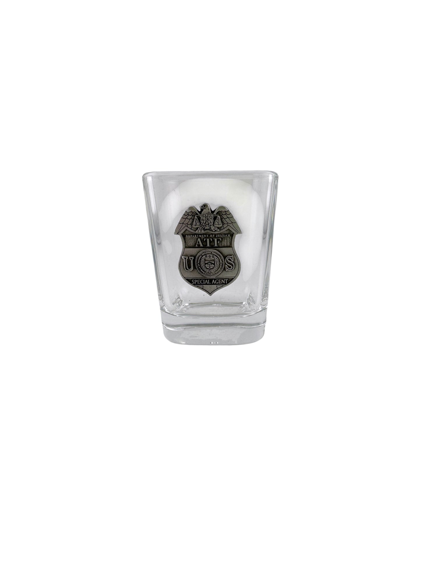 ATF SQUARE SHOT GLASS W/PEWTER BADGE