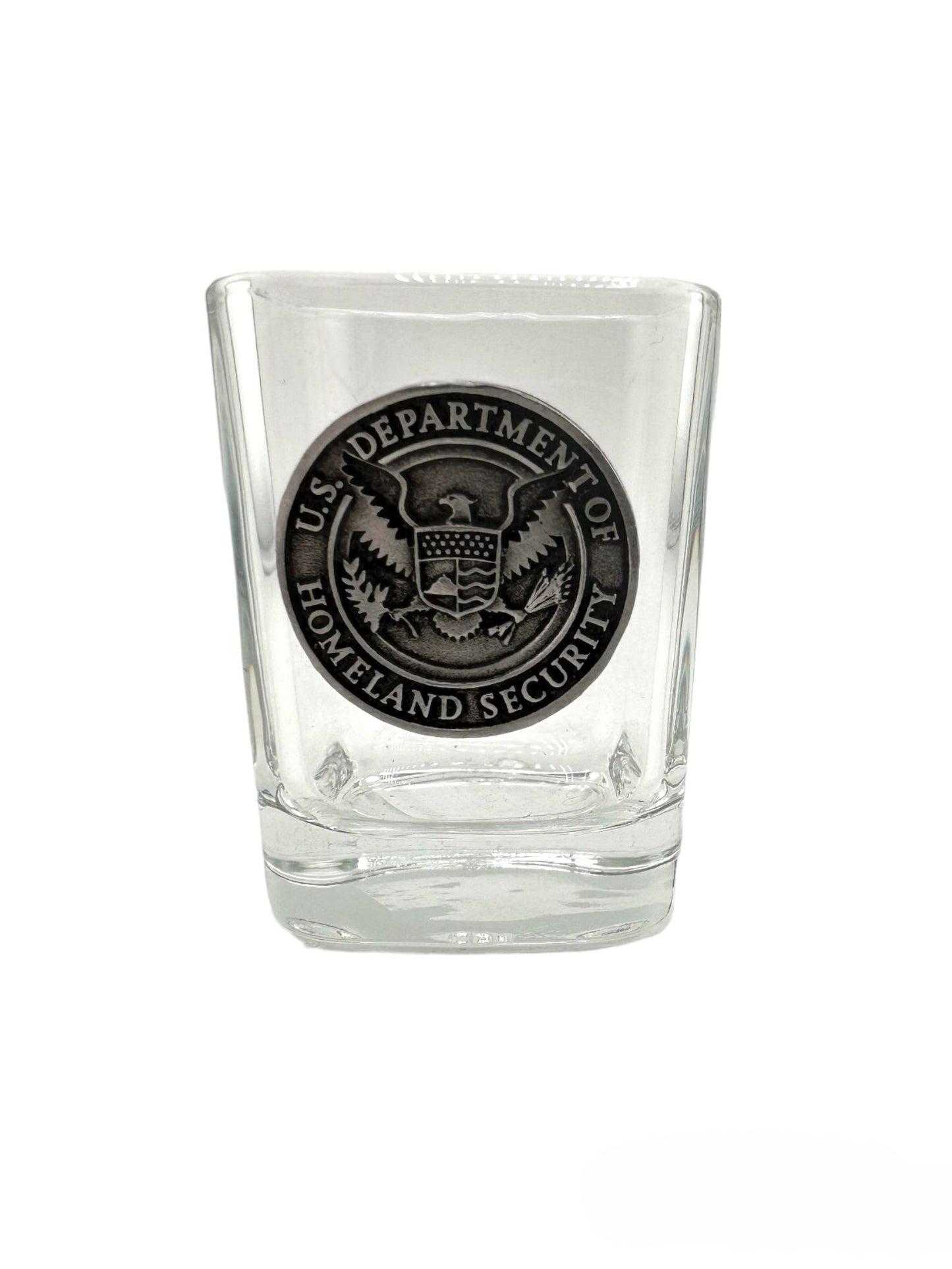 DHS SQUARE SHOT GLASS WITH PEWTER BADGE