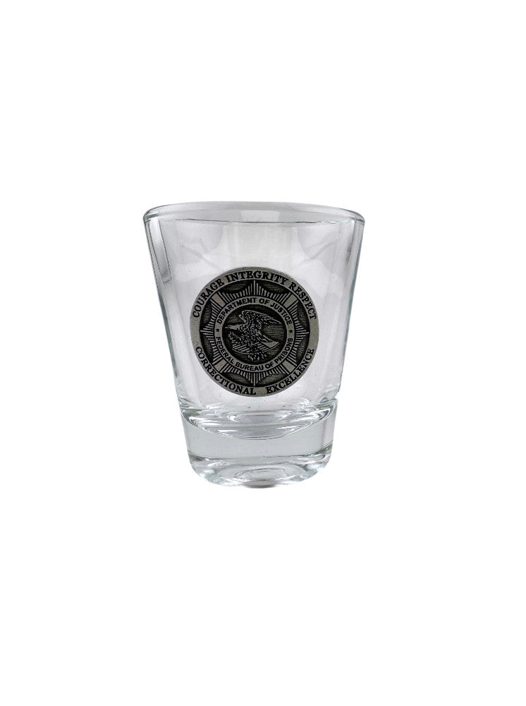 BOP ROUND SHOT GLASS W/PEWTER BADGE