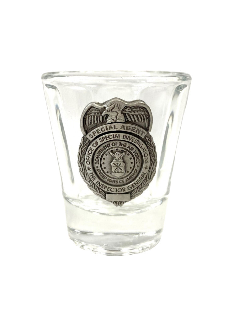 AFOSI, ROUND SHOT GLASS W/PEWTER BADGE