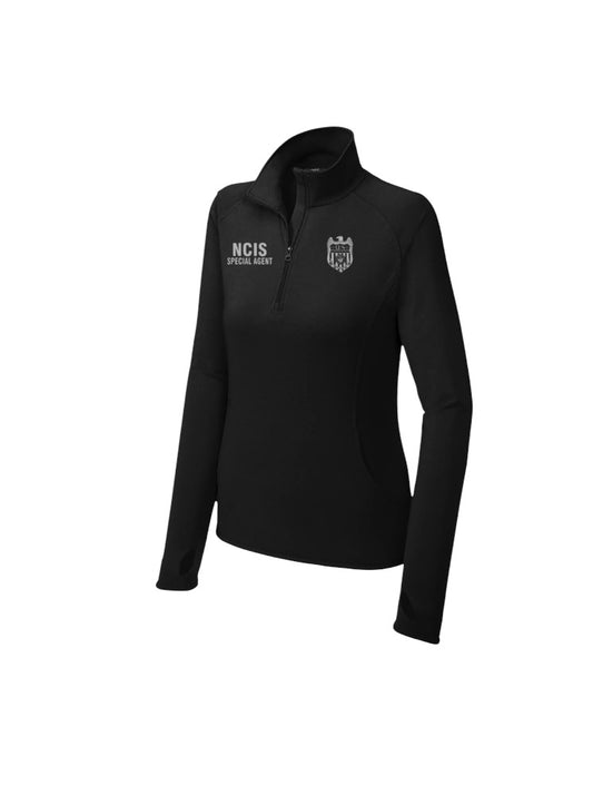 WOMEN'S NCIS S/A BLACK WICKING 1/2 ZIP PULLOVER IN GREY INK-LST850