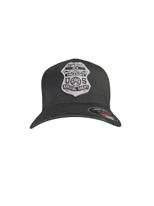 IRS CI GREY BADGE W/ FLAG BLACK FLEX FIT HAT